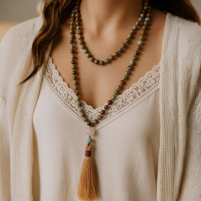 Collier Mala 108 Perles en Jaspe Aqua Terra, Amazonite & Quartz Rose