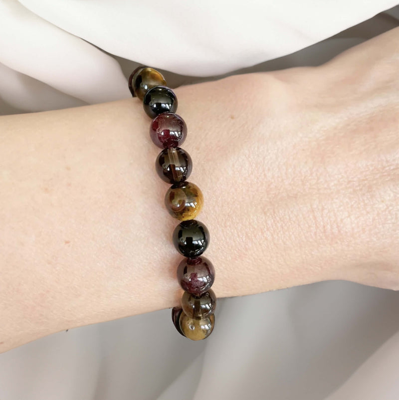 Bracelet "Réussite & Protection" en Oeil de Tigre, Grenat, Tourmaline & Quartz Fumé