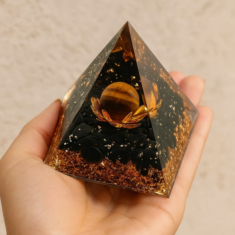 Orgonite "Cassiel" en Obsidienne Noire & Œil de Tigre