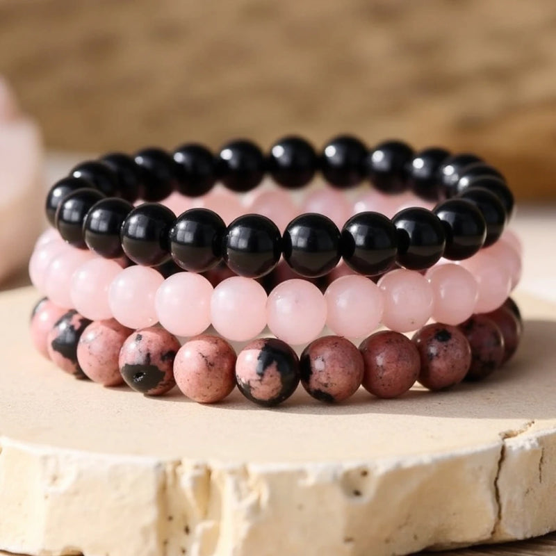 Trio de Bracelets "Paix & Équilibre" en Onyx, Quartz Rose & Rhodonite