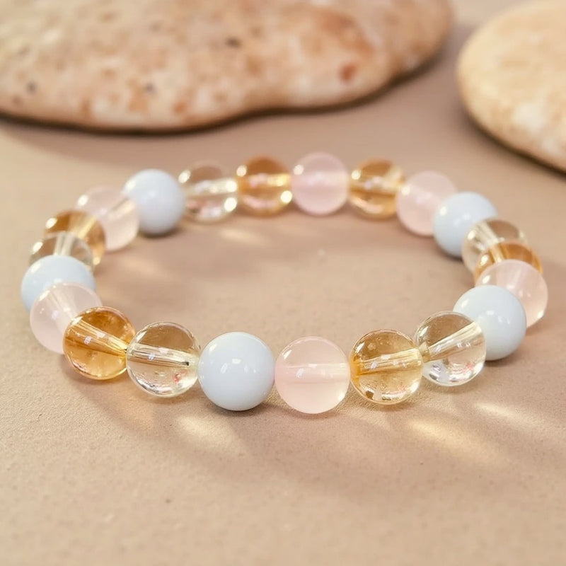 Bracelet "Existence" en Aigue-Marine, Quartz Rose, Citrine & Quartz