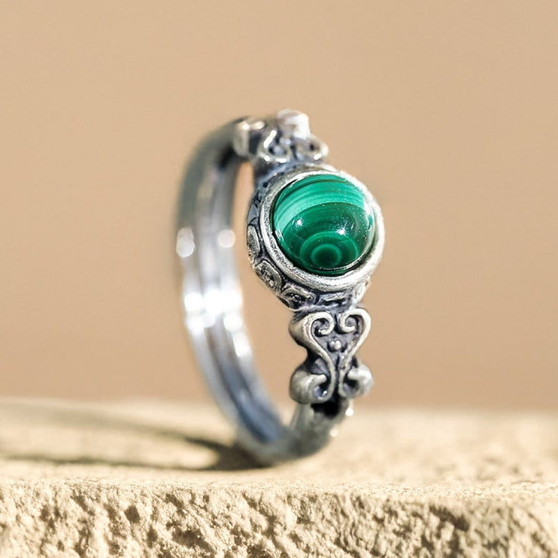 Bague Ajustable "Protection du Cœur" en Malachite & Argent