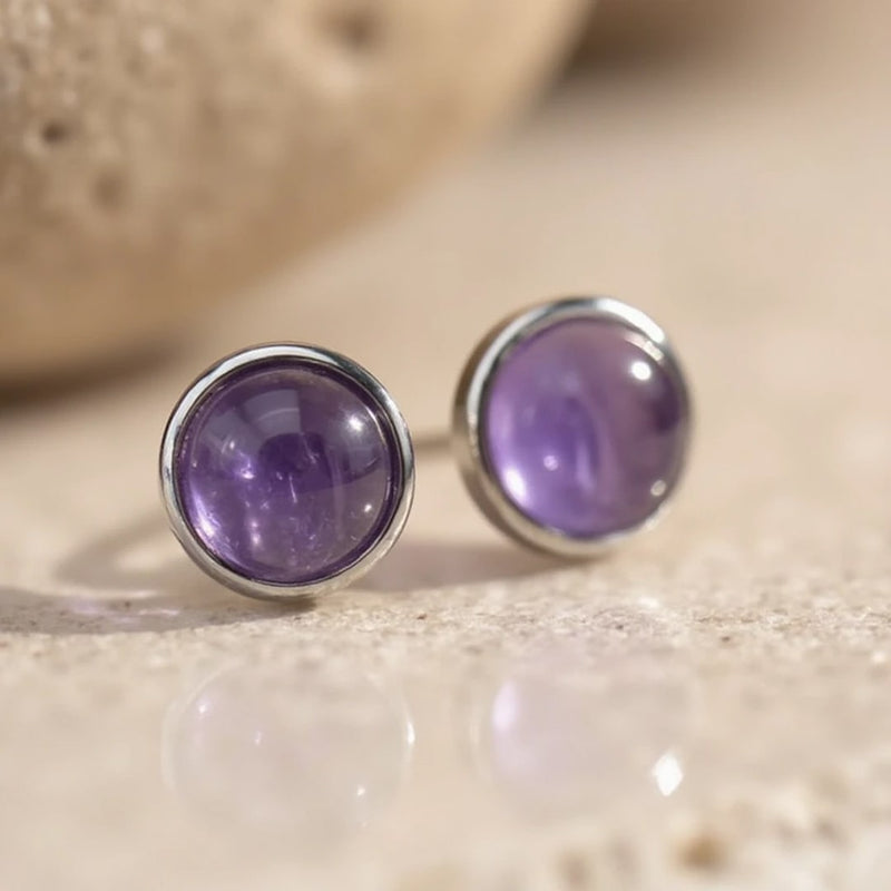 Boucles d'Oreilles Clous en Améthyste & Argent