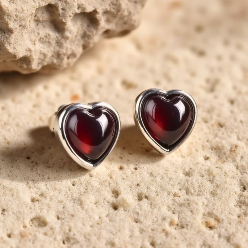 Boucles d'Oreilles "Coeur Passion" en Grenat & Argent
