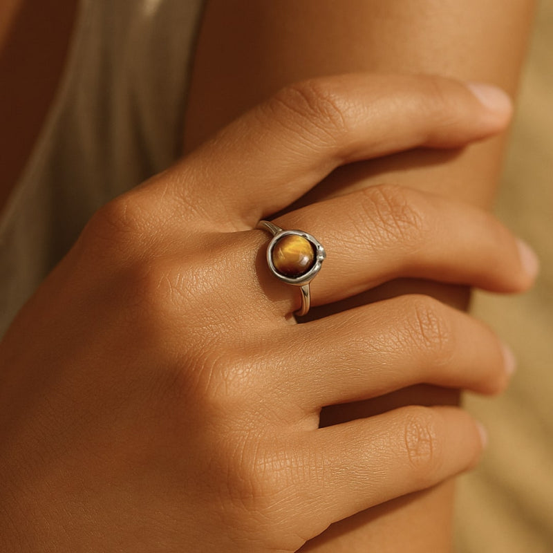 Bague Ajustable "Shakti" en Oeil de Tigre & Argent