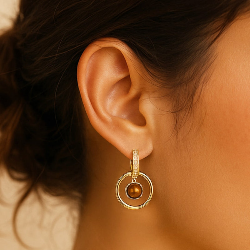 Boucles d’Oreilles "Éclat Félin" en Œil de Tigre & Plaqué Or