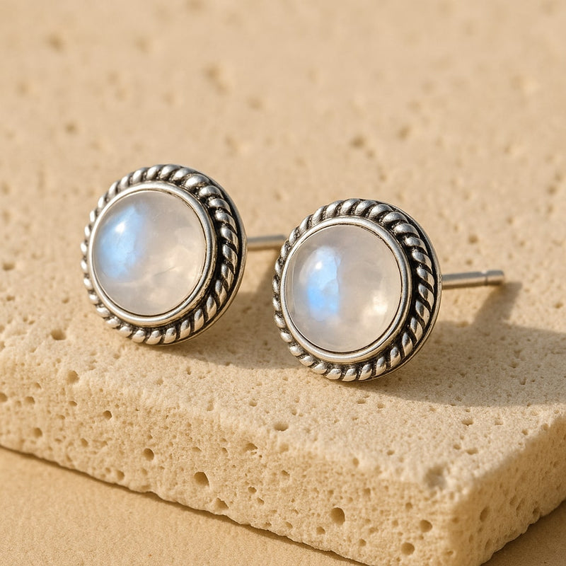 Boucles d'Oreilles Bouton en Labradorite Blanche & Argent