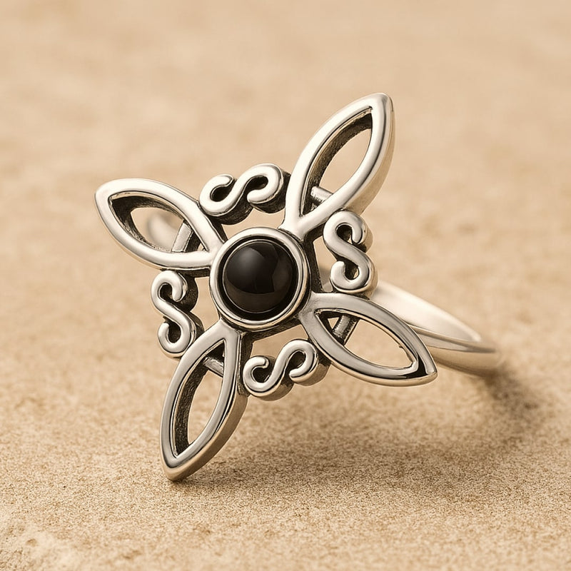 Bague Ajustable "Énergie Mystique" - Noeud de Sorcière & Obsidienne
