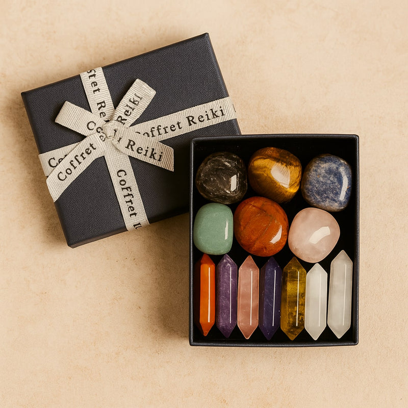 Coffret Reiki - Lot de 7 Pierres Naturelles & 7 Doubles Pointes