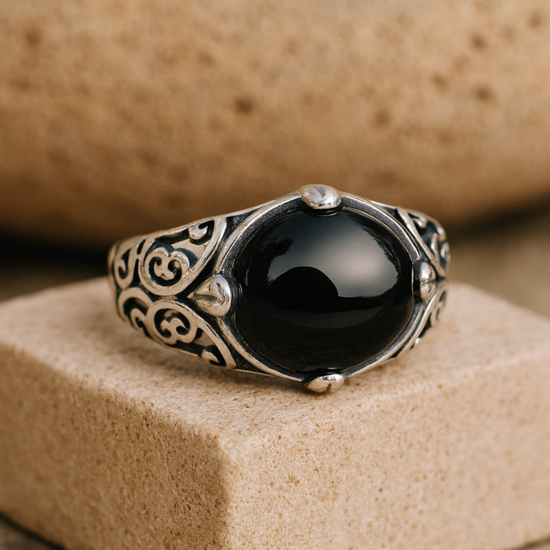 Bague "Sérénité Ancrée" en Agate Noire & Argent