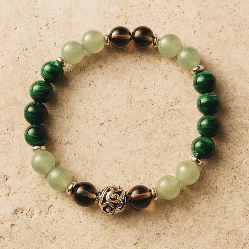 Bracelet "Chance & Protection" en Aventurine, Malachite & Quartz Fumé