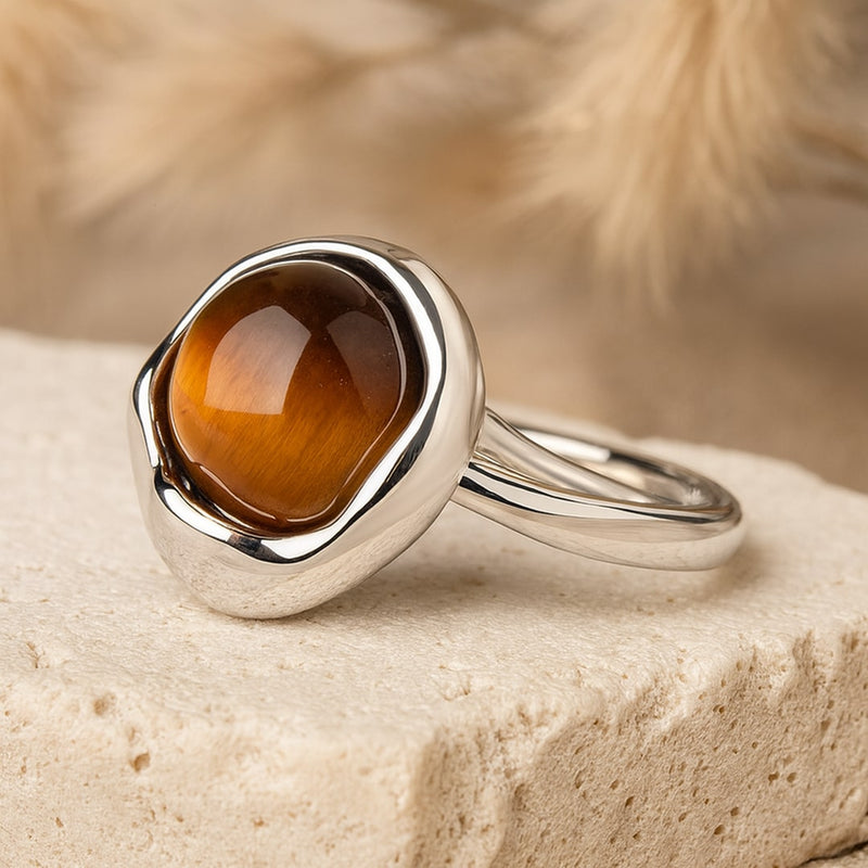 Bague Ajustable "Shakti" en Oeil de Tigre & Argent