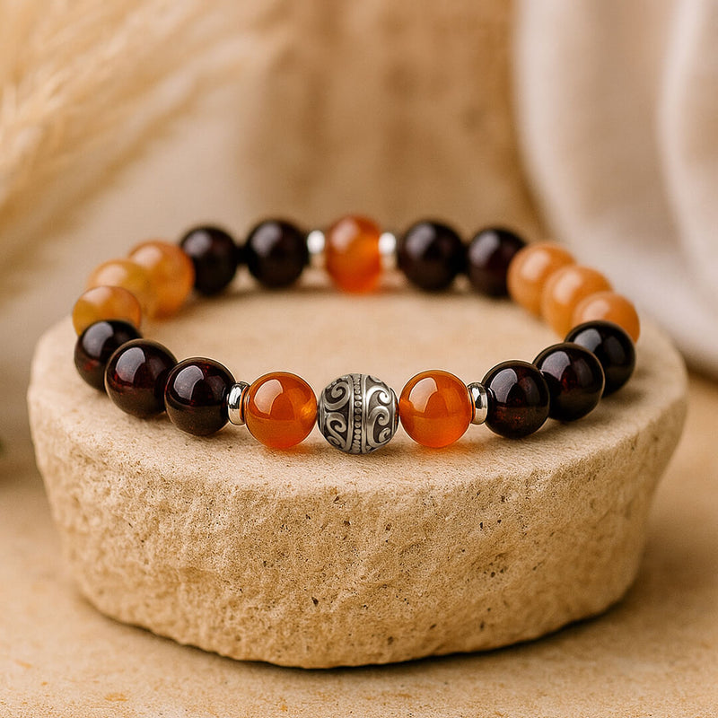 Bracelet Premium "Souffle de Vie" en Cornaline, Grenat & Pierre de Soleil