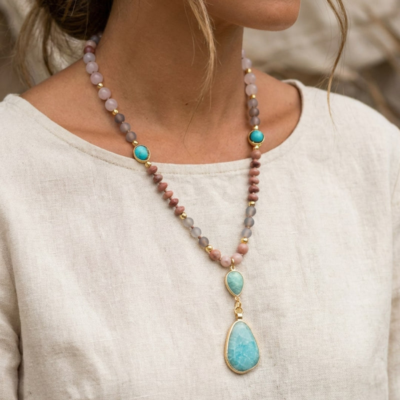 Collier Mala Ethnique en Turquoise, Amazonite, Quartz Rose & Rhodonite