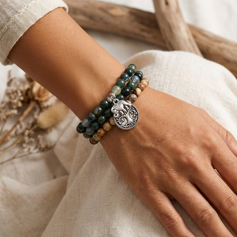 Bracelet Mala "Gaia" en Agate Mousse & Jaspe Paysage