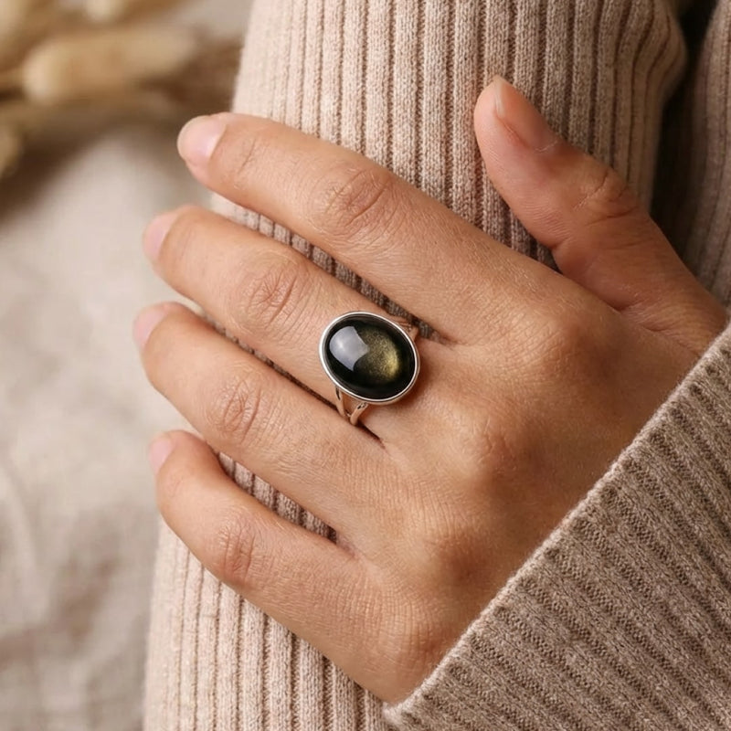 Bague Ajustable "Aura" en Obsidienne Dorée