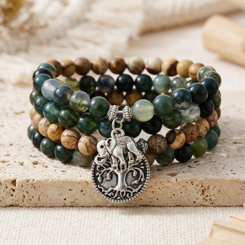 Bracelet Mala "Gaia" en Agate Mousse & Jaspe Paysage