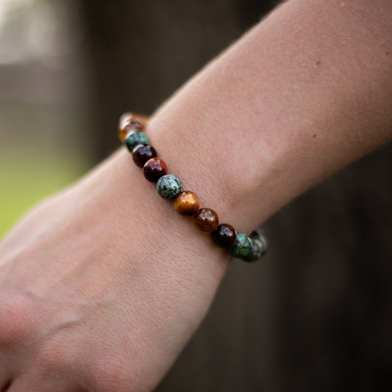 Bracelet "Énergies Protectrices" en Oeil de Tigre, Oeil de Taureau & Turquoise Africaine