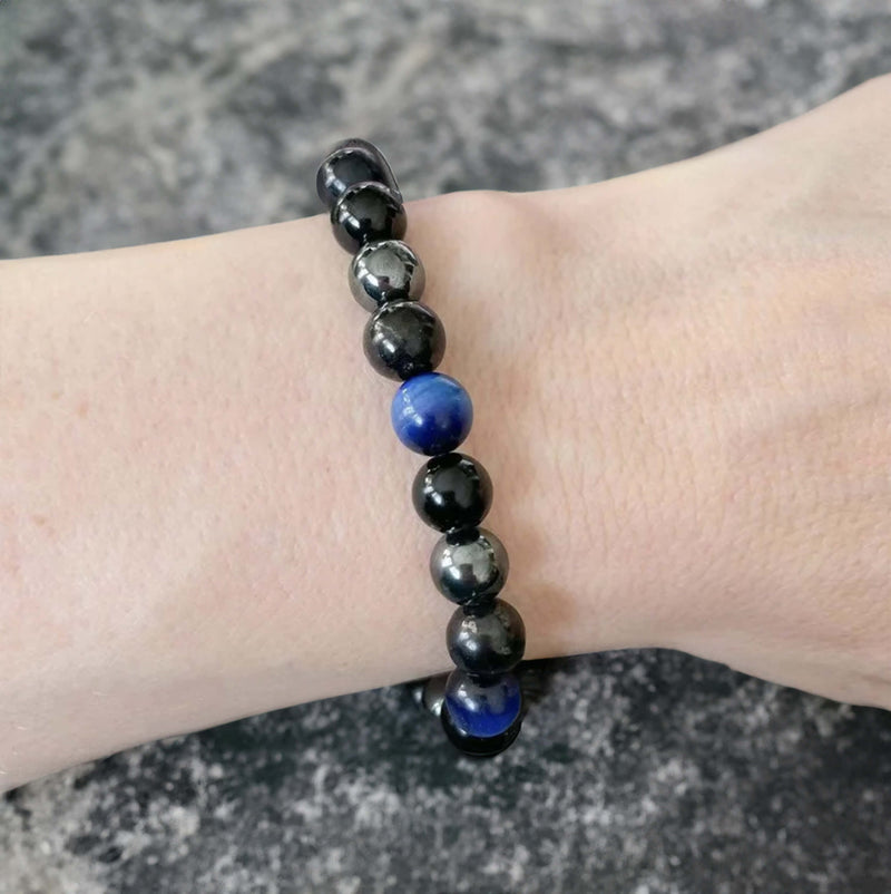 Bracelet "Guidance Intérieure" en Hématite, Tourmaline Noire & Oeil de Tigre Bleu