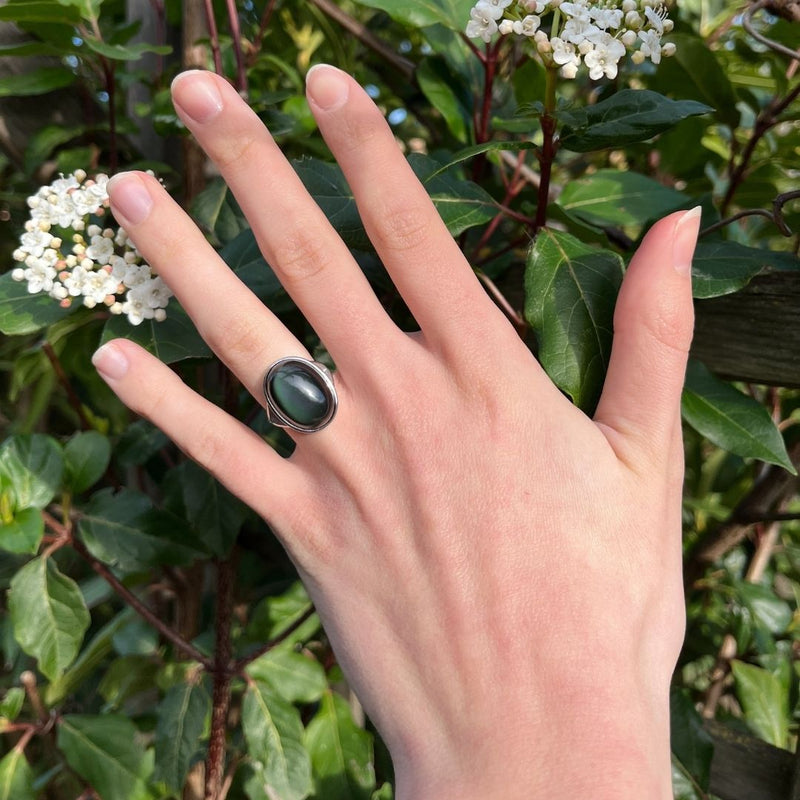 Bague Ajustable "Guérison de L'Âme" en Obsidienne Œil Céleste & Argent
