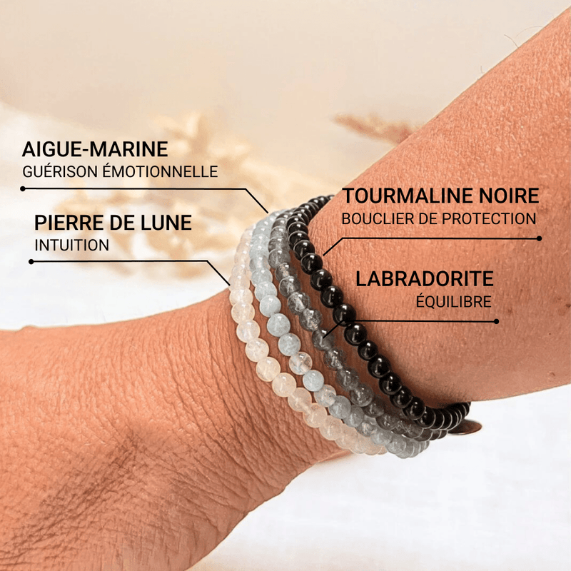 Ensemble "Force Intérieure & Protection" en Labradorite, Pierre de Lune, Aigue-Marine & Tourmaline Noire