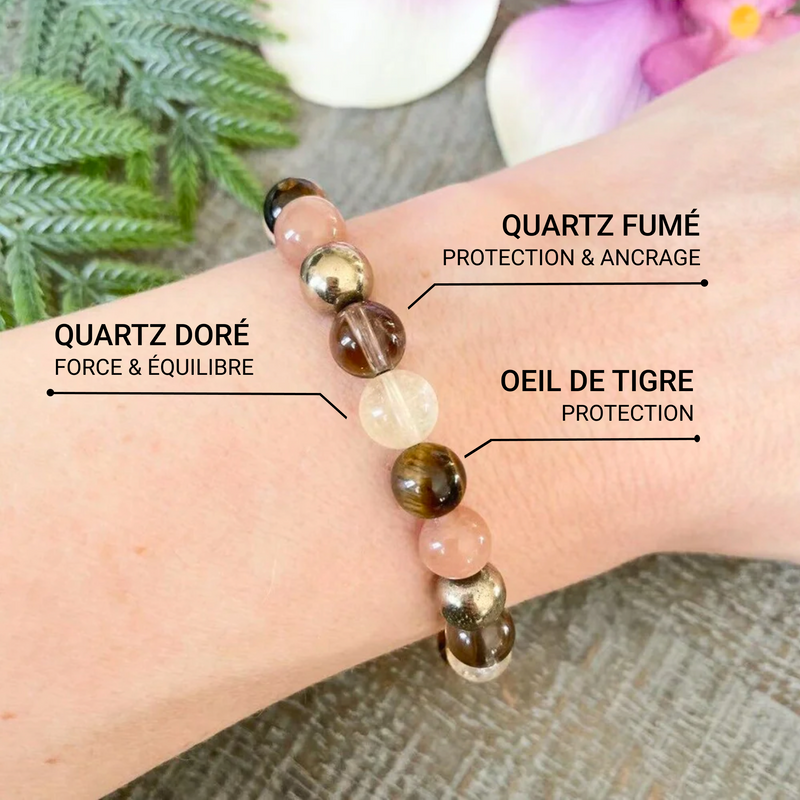 Bracelet "Énergie Solaire" en Quartz Fumé, Oeil de Tigre & Quartz Rutile Doré