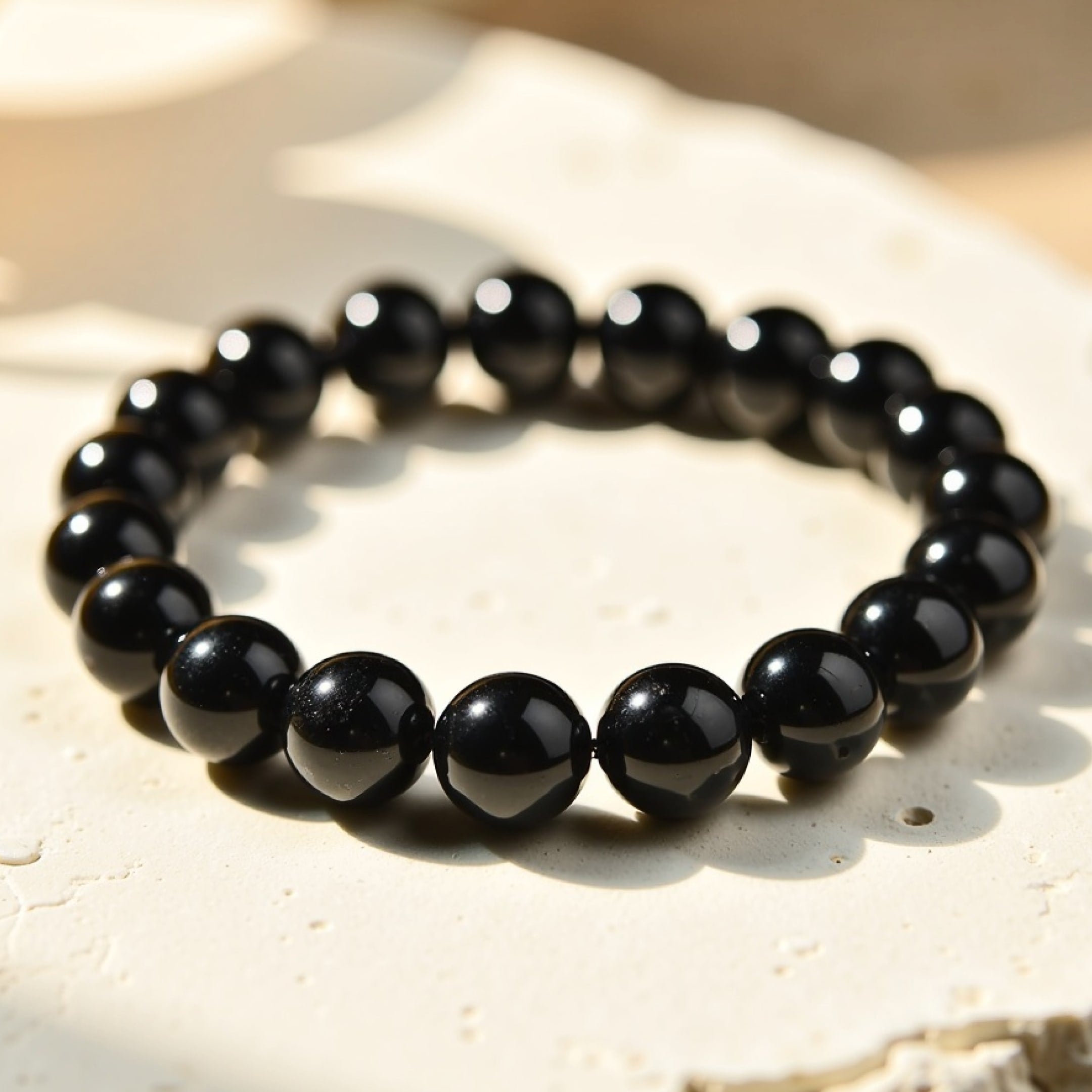 Bracelet en tourmaline noire aux perles sombres et mates, posé en lumière douce