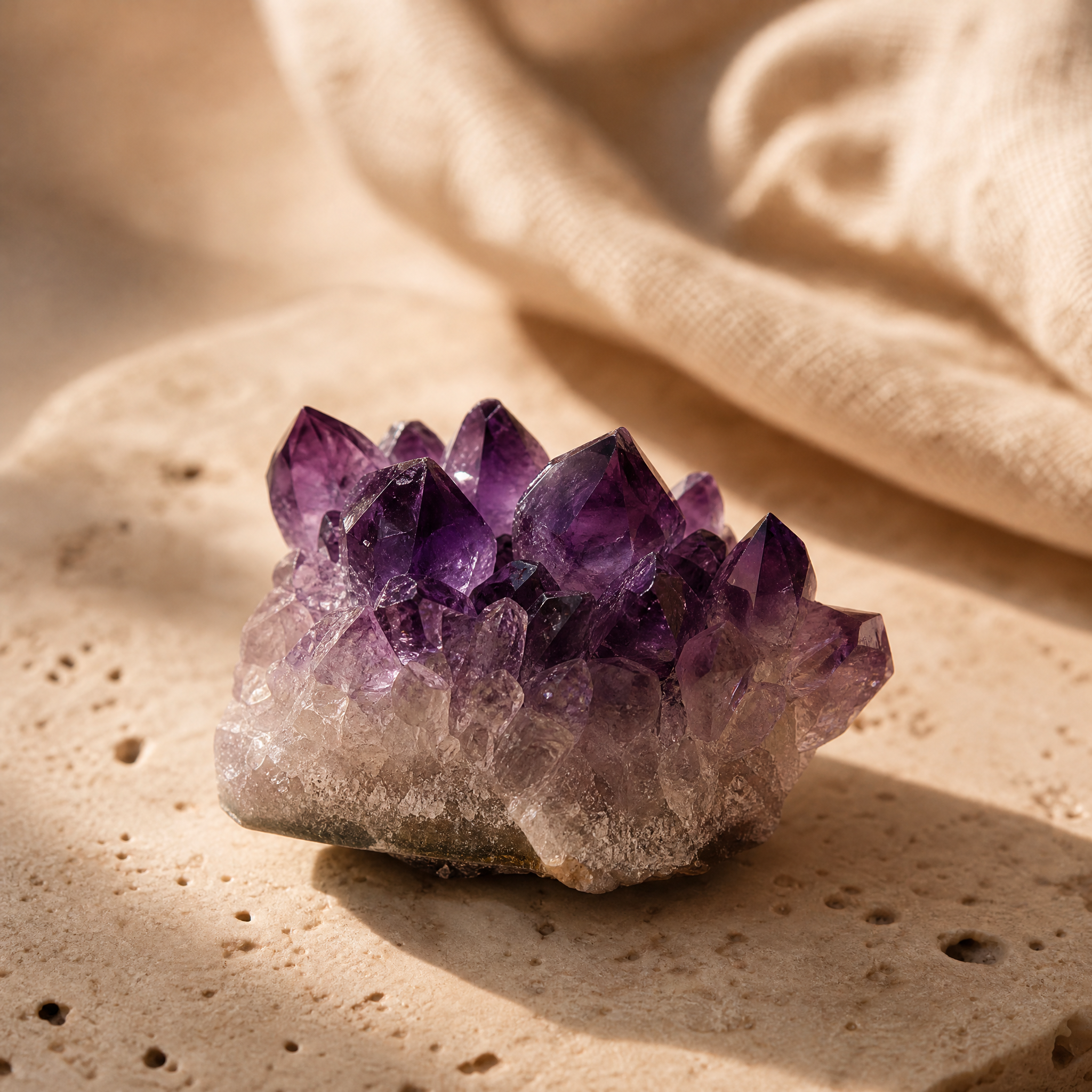 Améthyste brute aux pointes violettes, en gros plan sur travertin