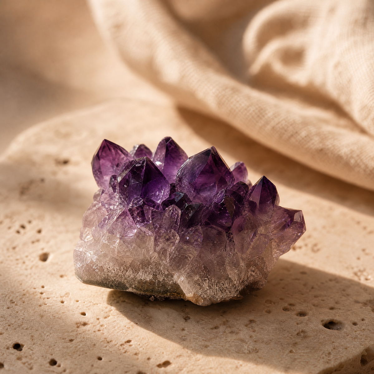 Améthyste brute aux pointes violettes, en gros plan sur travertin