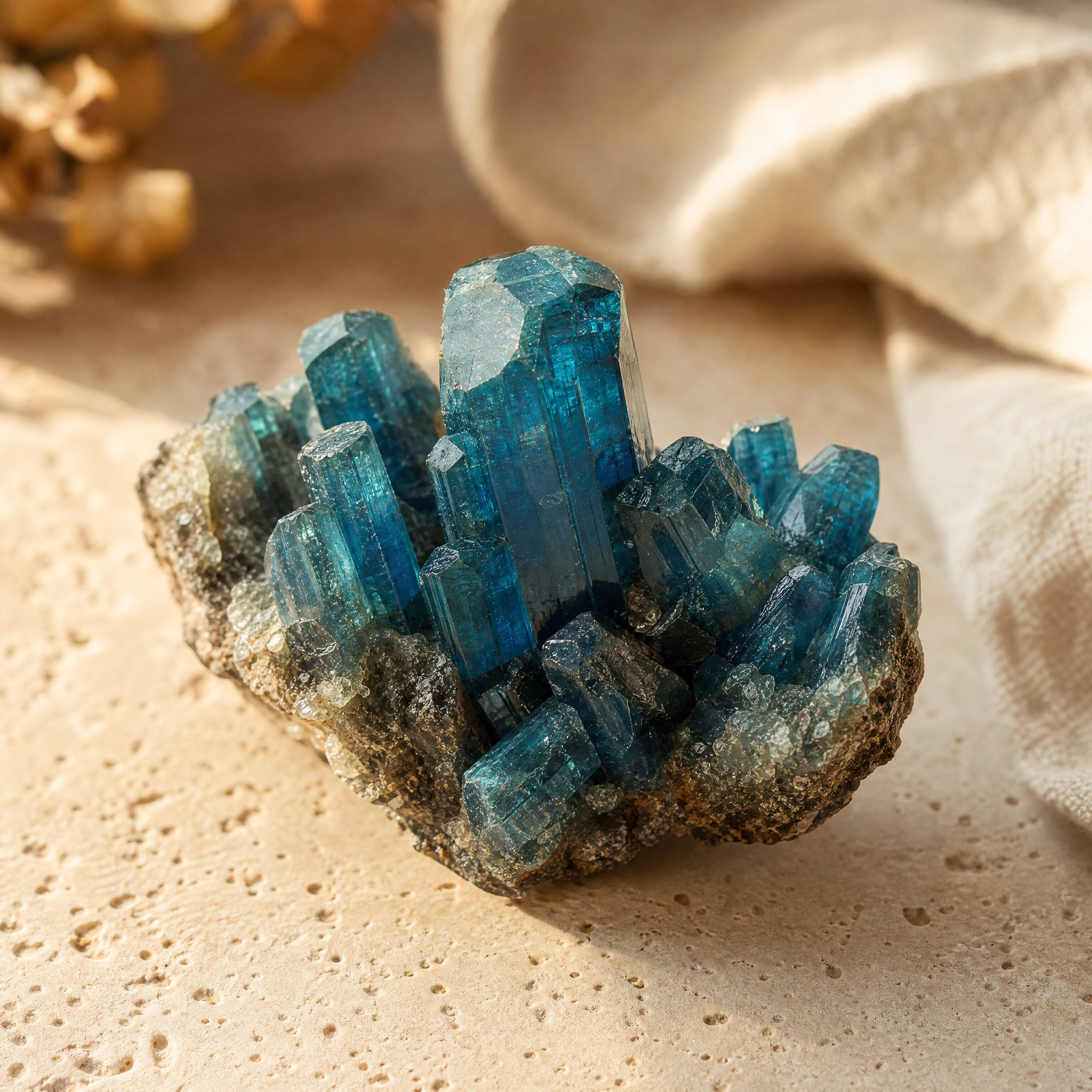 Cristaux bruts d'apatite bleue, en gros plan sur travertin