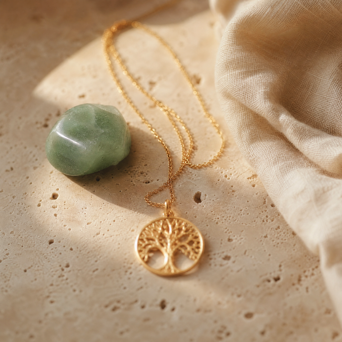 Pendentif arbre de vie doré sur chaîne fine avec aventurine, sur travertin