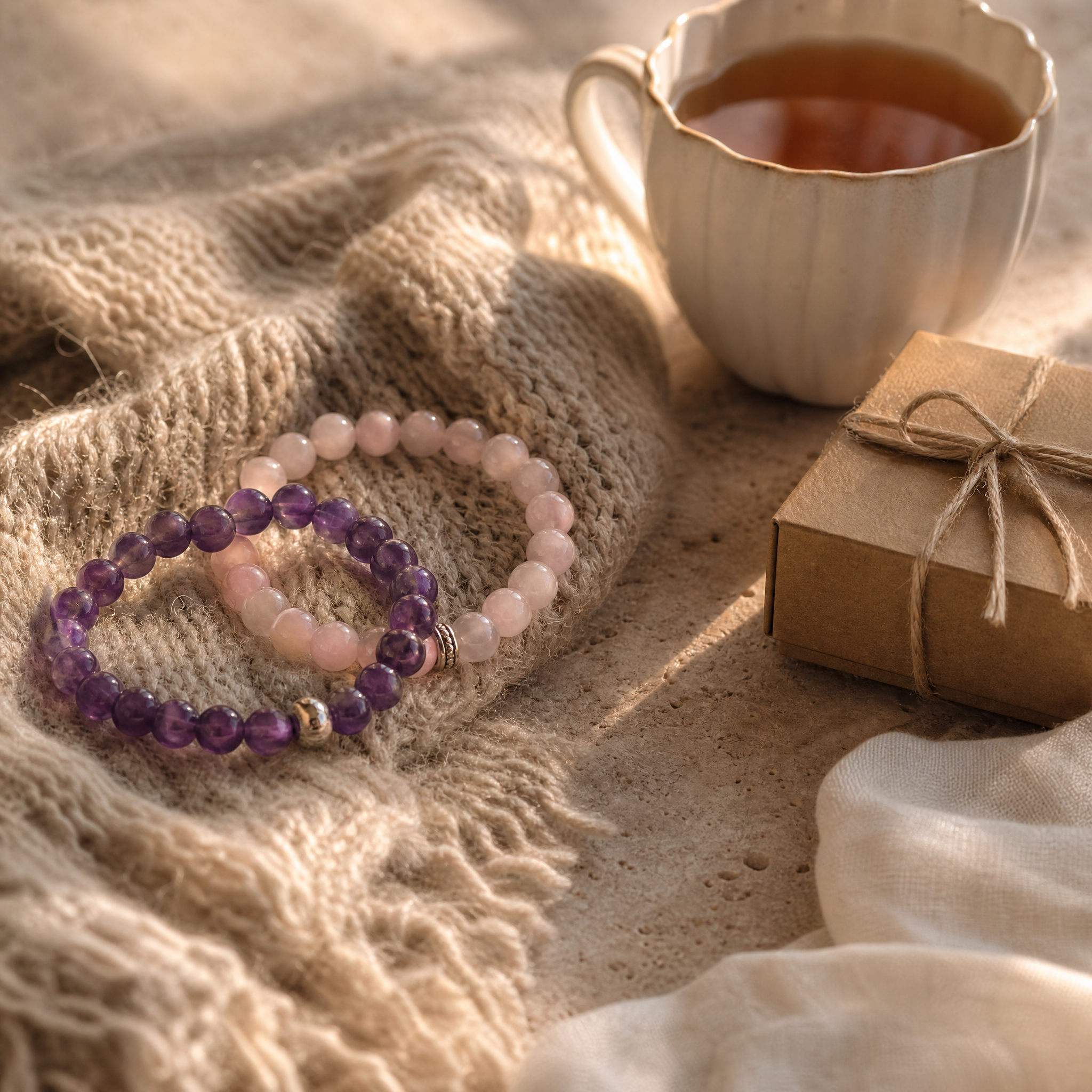 Bracelets améthyste et quartz rose sur châle en laine avec tasse de thé, cadeau fête des grands-mères