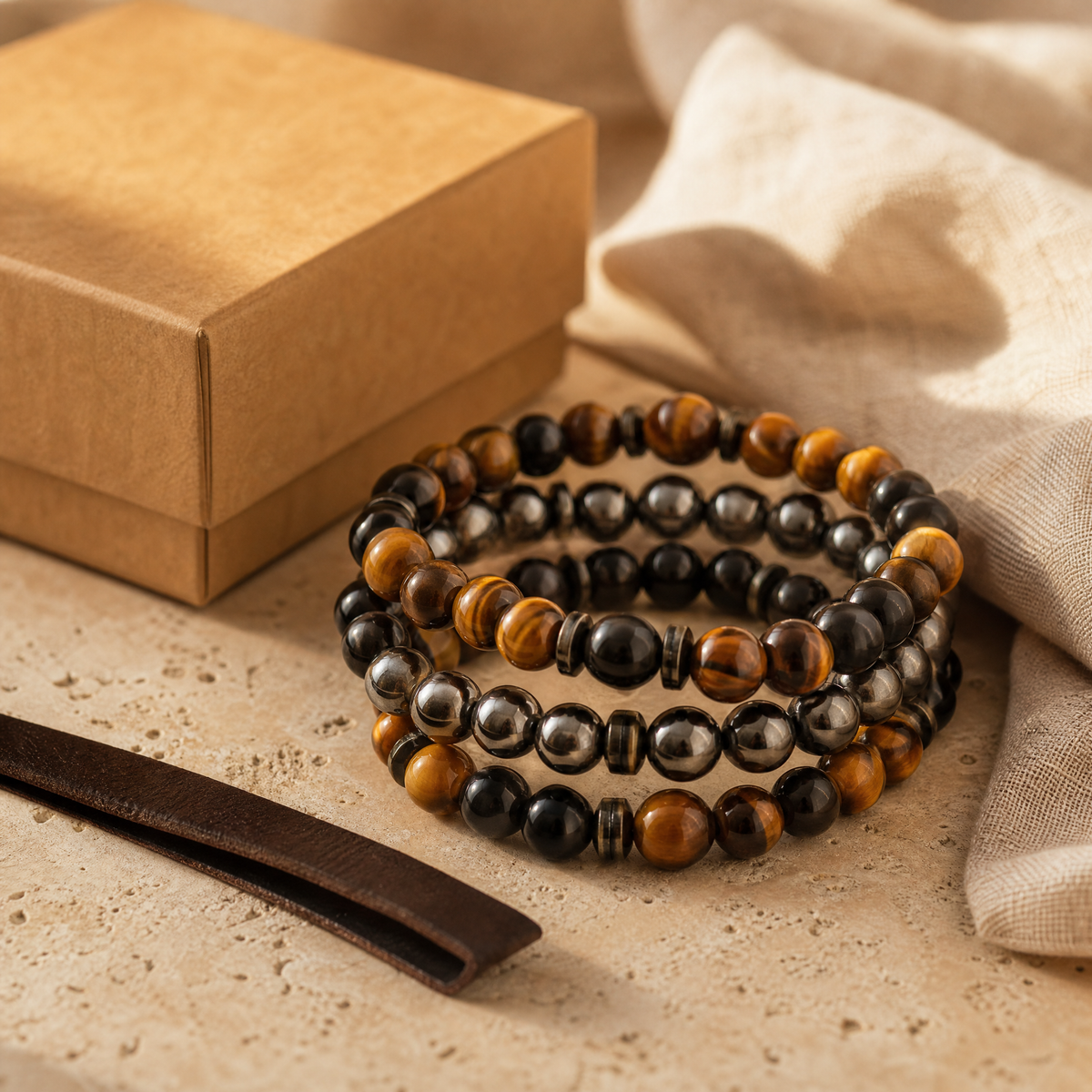 Bracelets homme œil de tigre, onyx et hématite avec boîte cadeau kraft, fête des pères