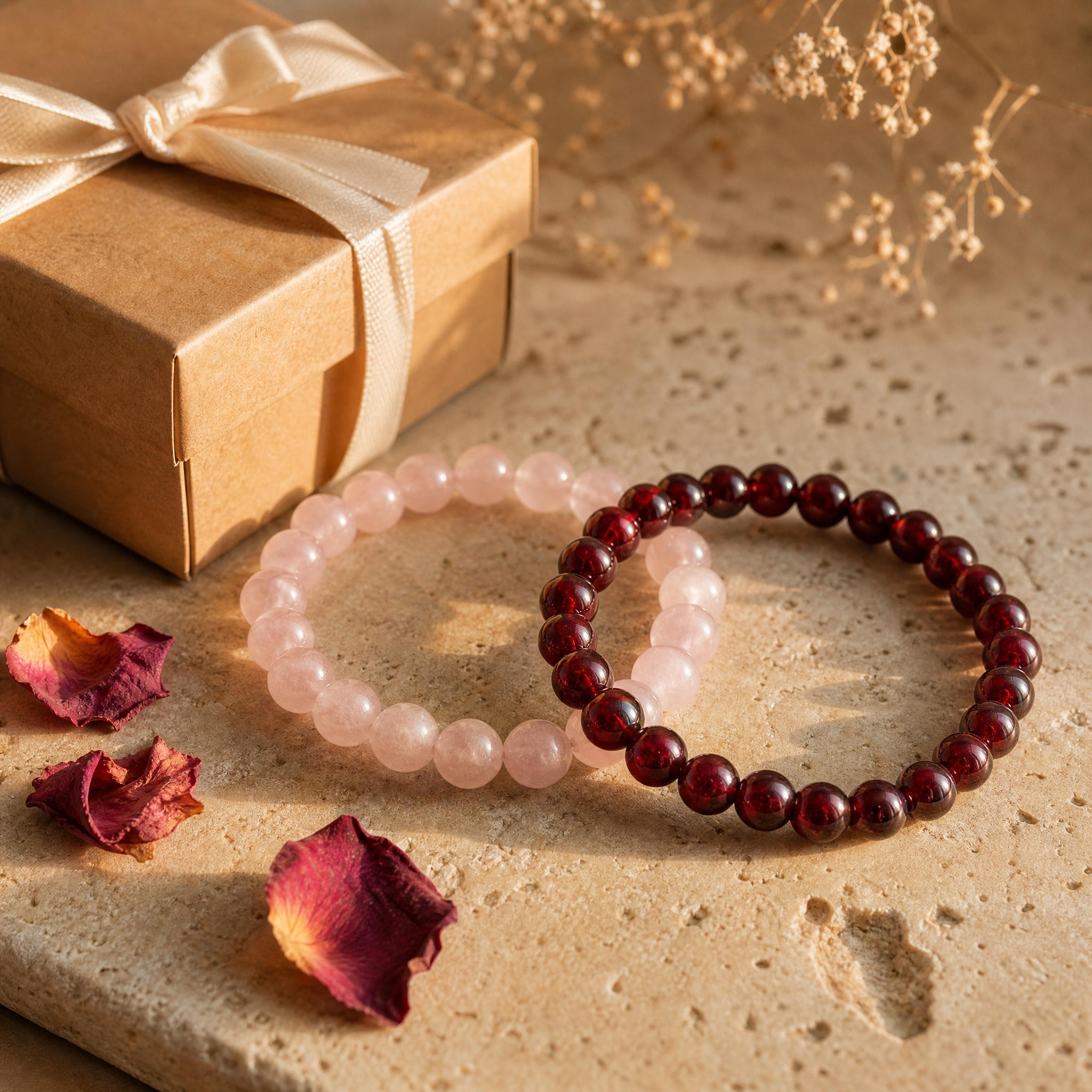 Bracelets quartz rose et grenat avec boîte cadeau kraft et pétales de rose, Saint-Valentin