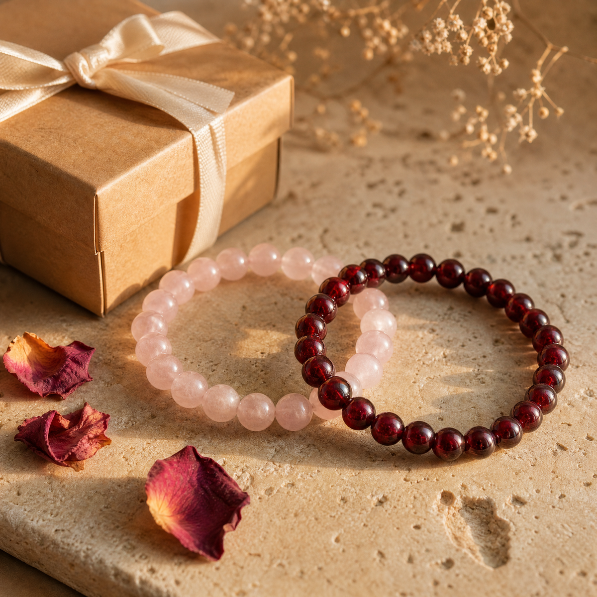 Bracelets quartz rose et grenat avec boîte cadeau kraft et pétales de rose, Saint-Valentin