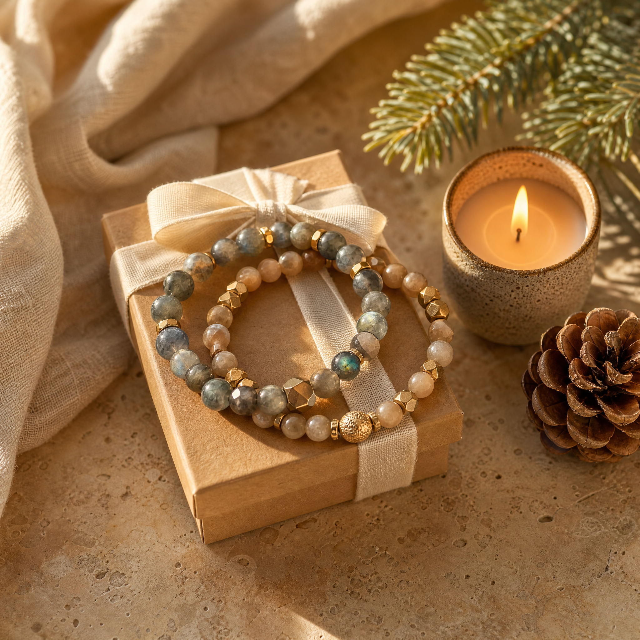 Bracelets en pierres naturelles, boîte cadeau kraft, sapin et bougie, idées cadeaux de Noël