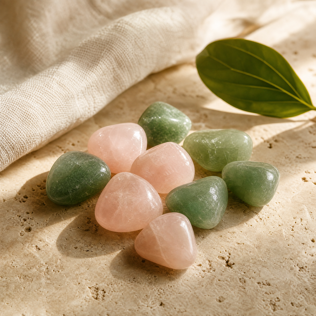 Quartz rose et aventurine verte avec feuille, pierres du chakra du cœur, sur travertin