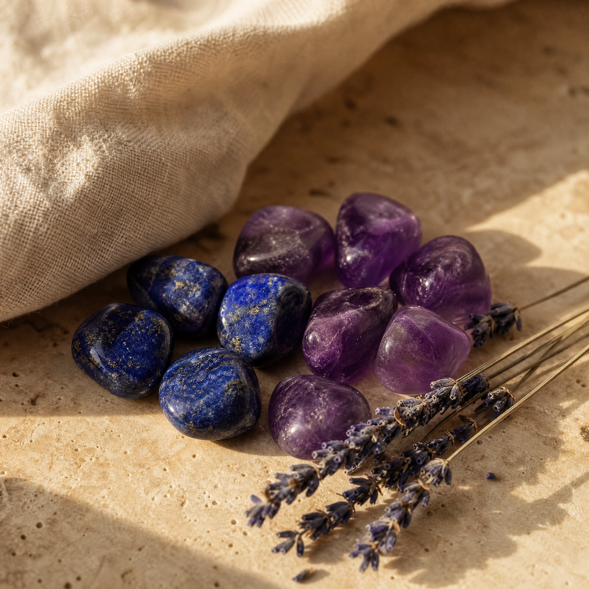 Lapis-lazuli et améthyste avec lavande, pierres du chakra frontal, sur travertin