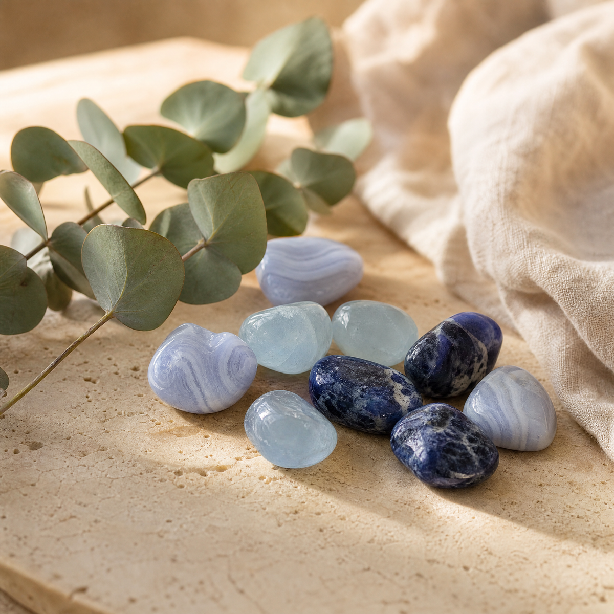Agate bleue, sodalite et aigue-marine avec eucalyptus, pierres du chakra de la gorge, sur travertin