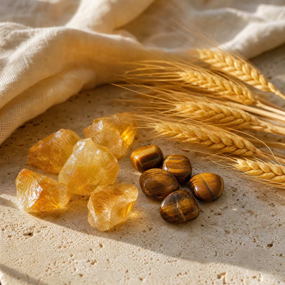 Citrine et œil de tigre avec épis de blé, pierres du chakra du plexus solaire, sur travertin