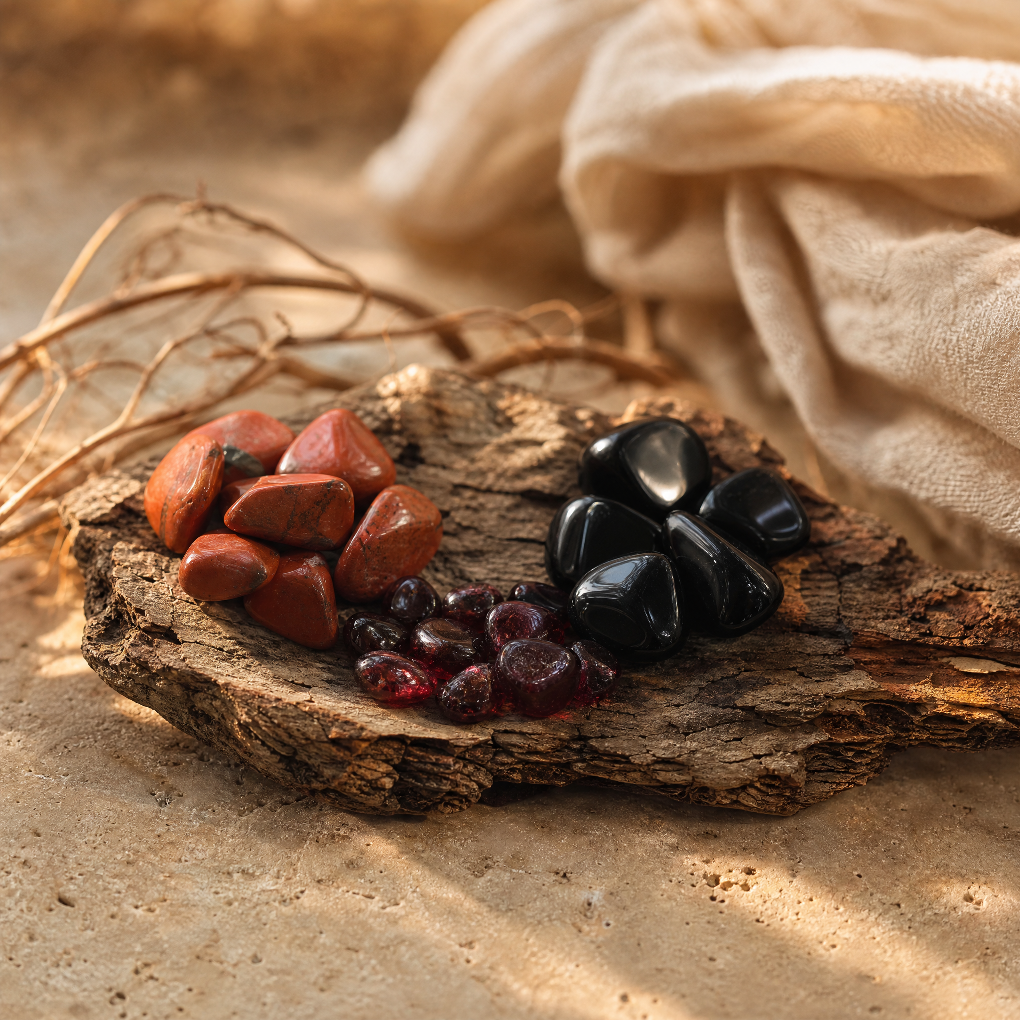 Jaspe rouge, grenat et obsidienne sur écorce, pierres du chakra racine, sur travertin
