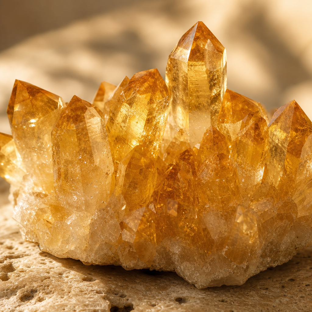 Amas de cristaux de citrine aux teintes dorées en gros plan
