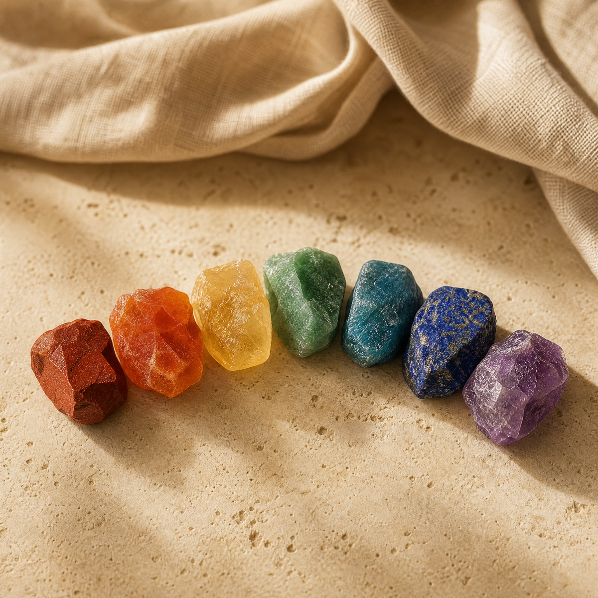 Sept cristaux bruts disposés en arc par couleur de chakra, sur travertin