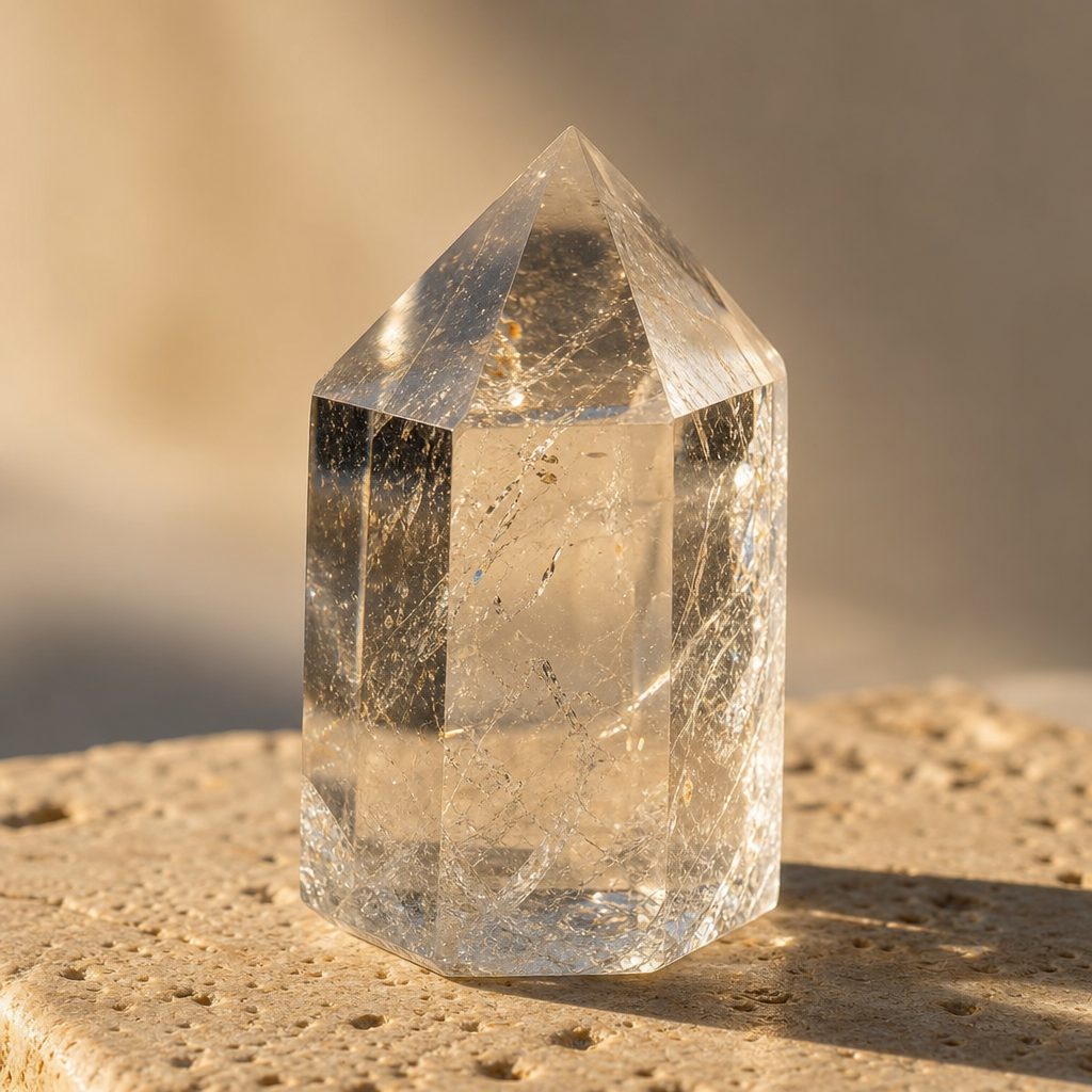 Pointe de cristal de roche transparente en gros plan sur pierre claire, lumière dorée