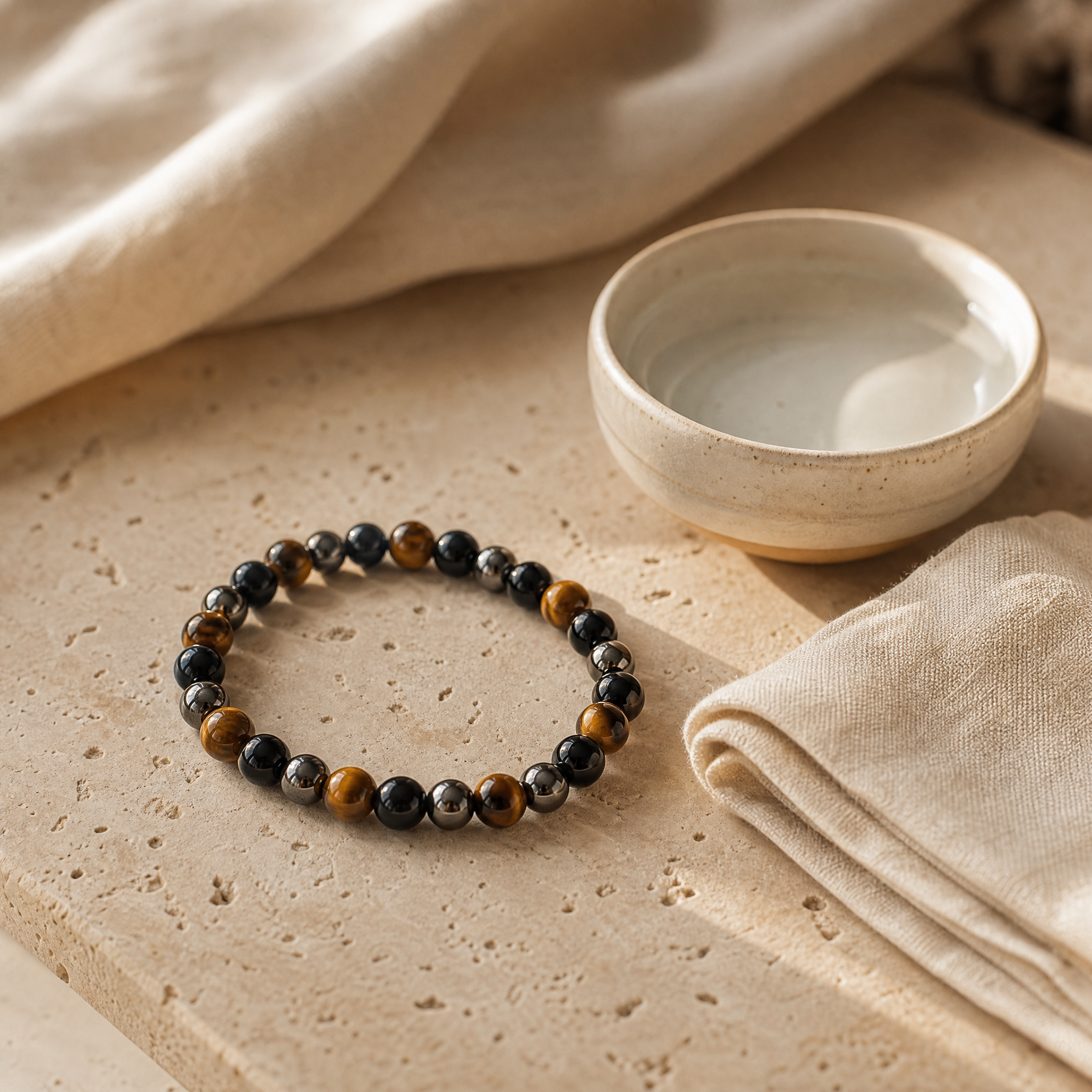 Bracelet triple protection œil de tigre, hématite et obsidienne avec bol d'eau et chiffon doux, sur travertin