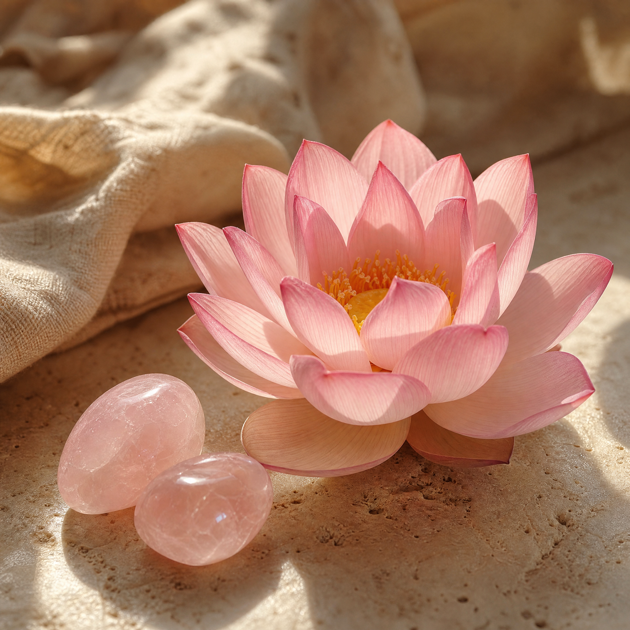 Fleur de lotus rose épanouie avec quartz rose, sur travertin