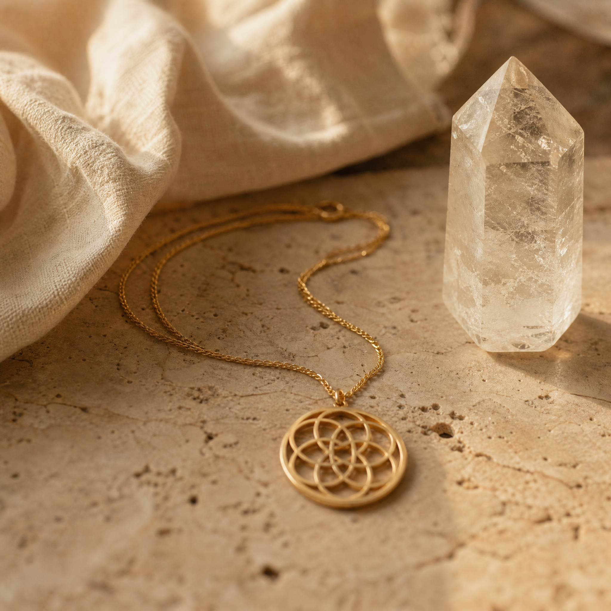 Pendentif fleur de vie doré ajouré sur chaîne fine, sur travertin