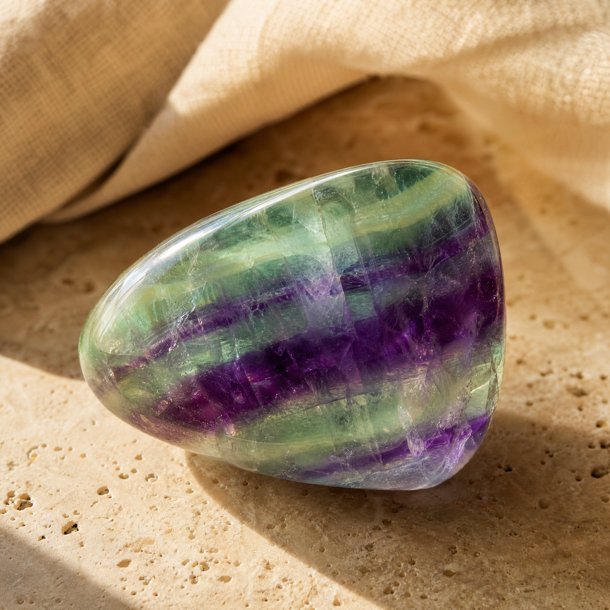 Fluorite polie aux bandes vertes et violettes translucides, en gros plan sur travertin