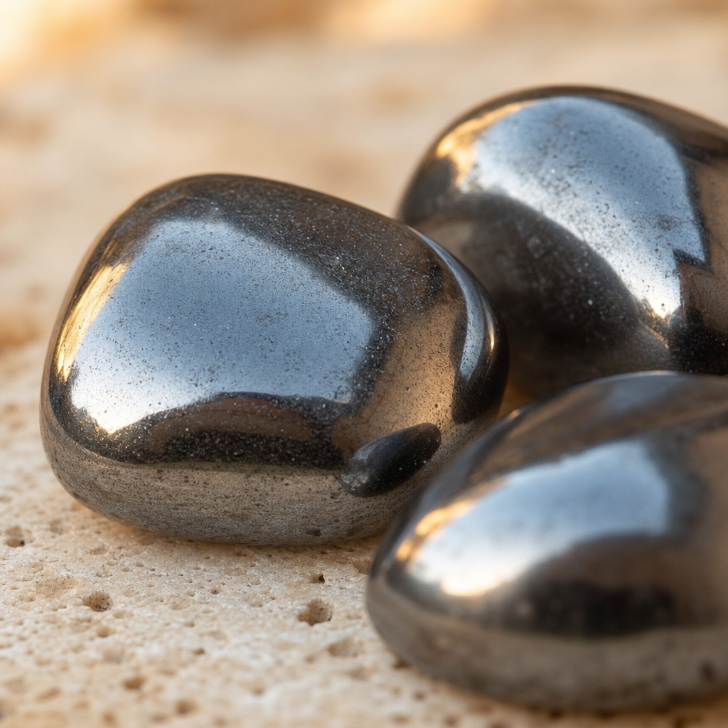 Pierres roulées d'hématite gris acier à l'éclat métallique en gros plan