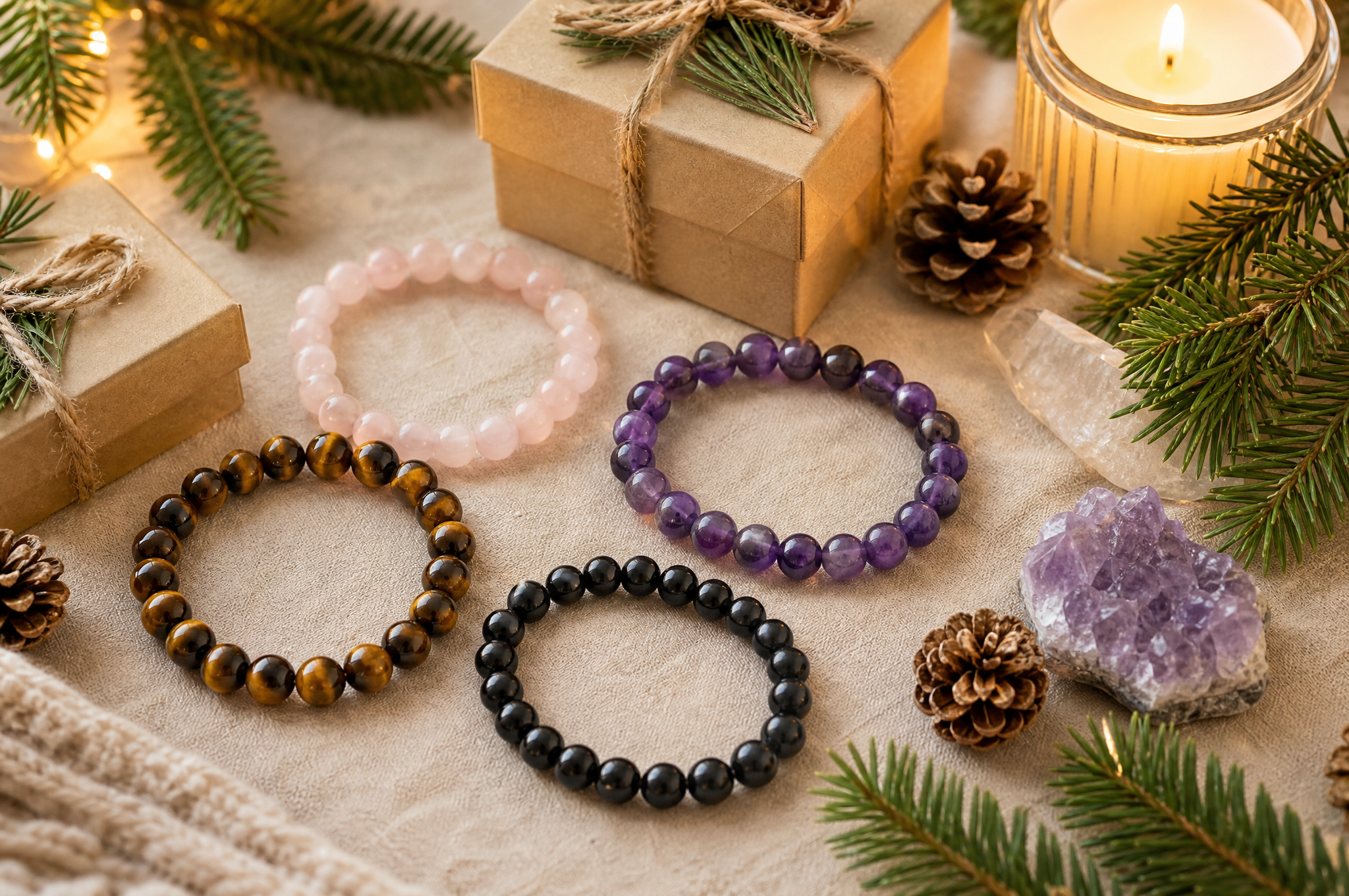 Bracelets en pierres naturelles avec paquets cadeaux de Noël, branches de sapin et bougie